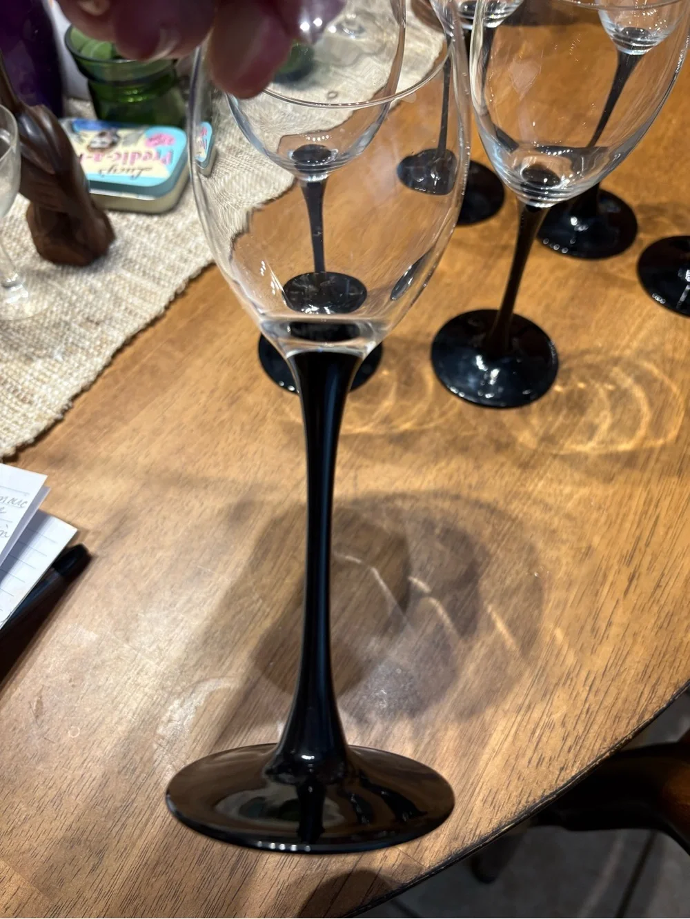 Vintage Luminarc DOMINO black stem set of 6 wine glasses. Like new